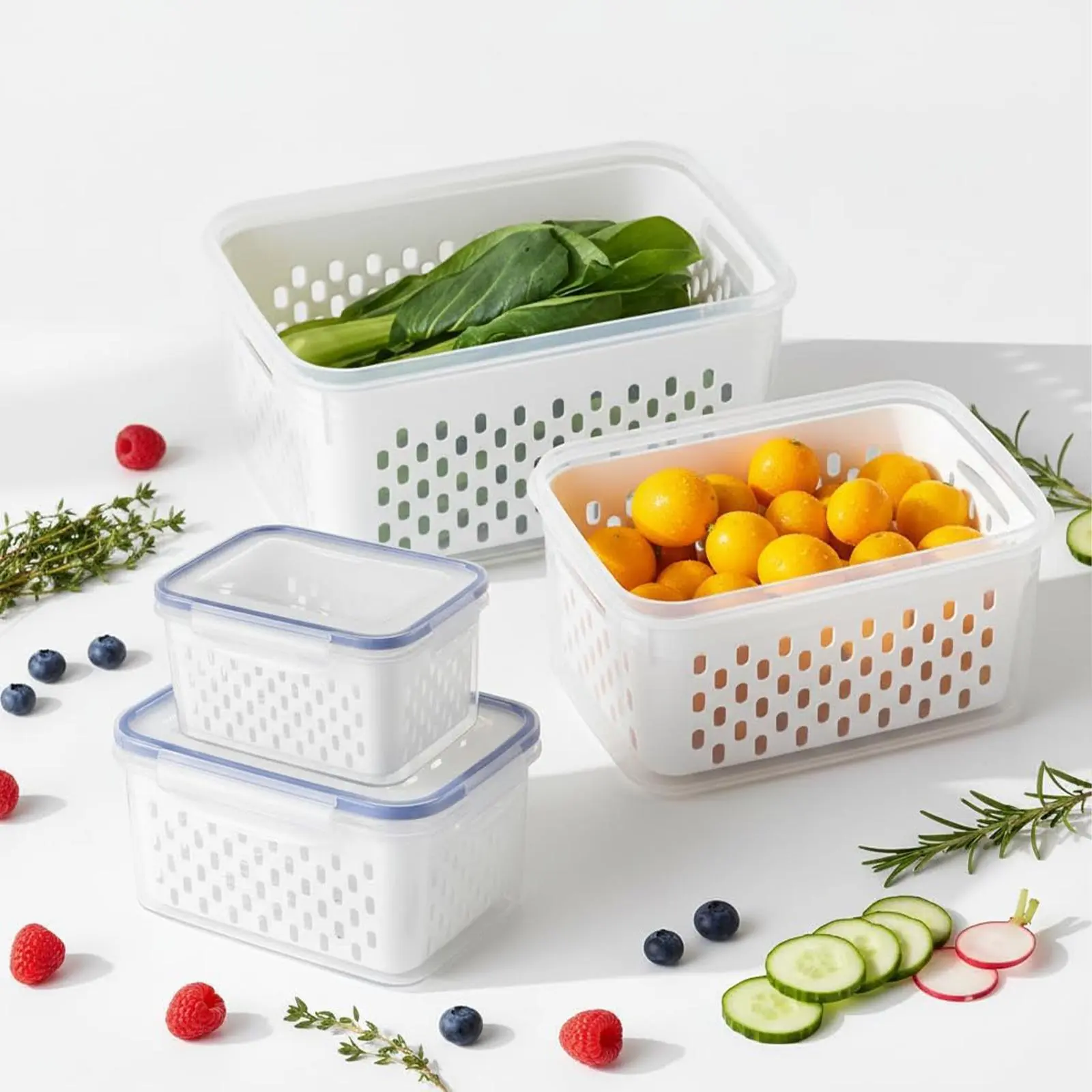 Nifogo 2 Pack Set Fruit Vegetable Washing Basket with Removable Strainer Airtight Seal Lid Leakproof Dustproof BPA Free Fridge Storage Container for Kitchen Produce Organizer