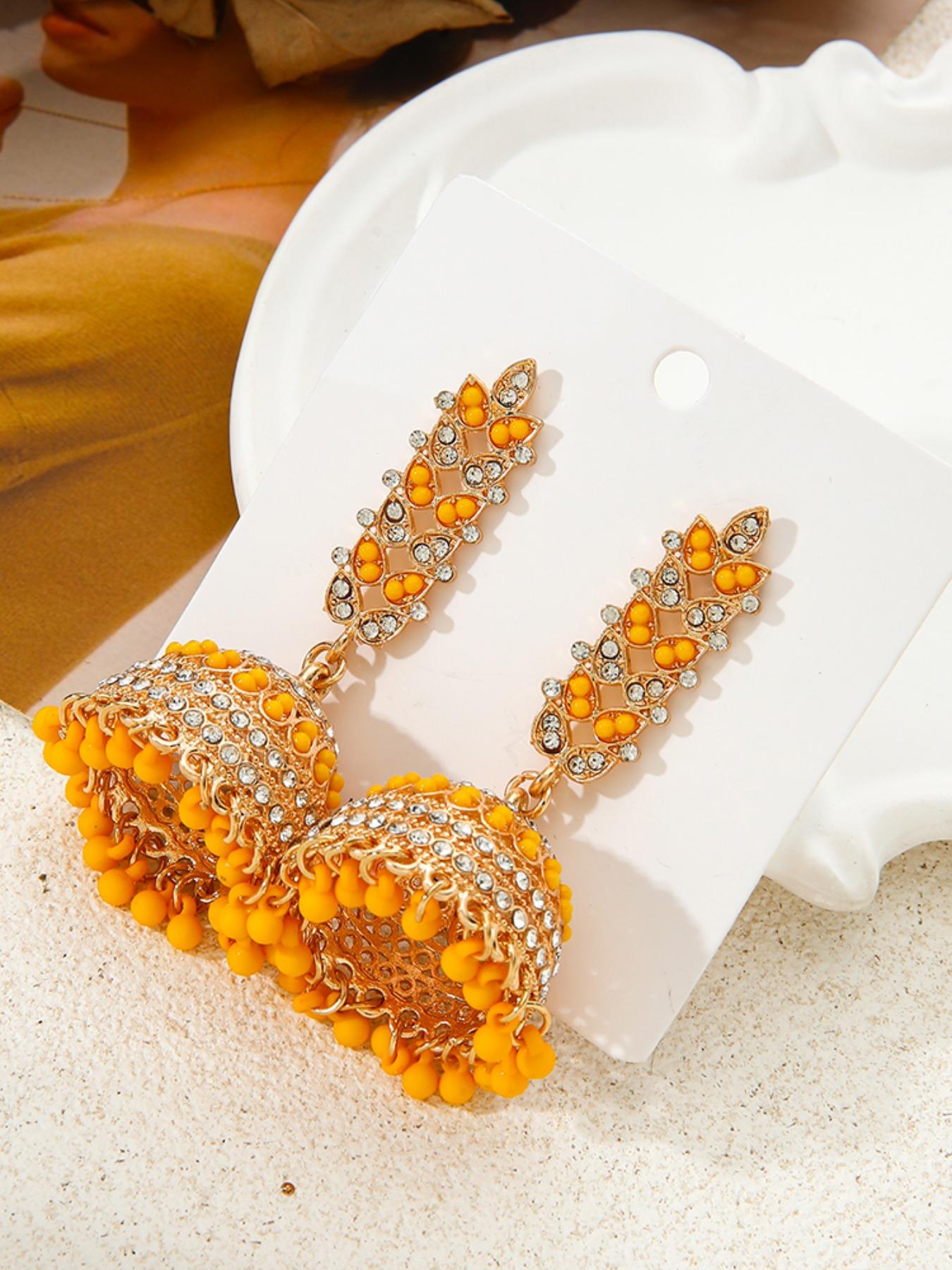 Indian Ethnic Birdcage Bell Jhumka Earrings, Heavy Rhinestone Beaded Long Fringe, Vintage Hollow Out Courtly Ear Jewelry, Bohemian Gift, Vintage Statement Earrings