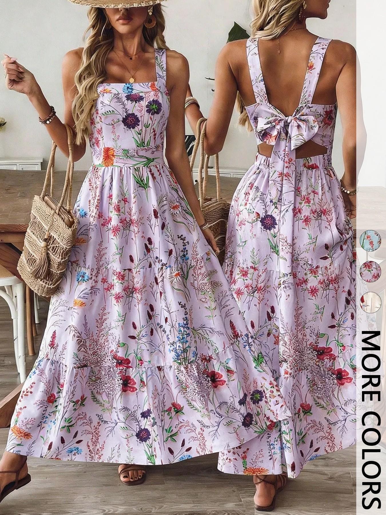 Women's Floral Print Backless Dress, Tie-Up Bow Design, Elastic Waist, Casual Vacation Commute, Elegant Halter Square Neck Dress