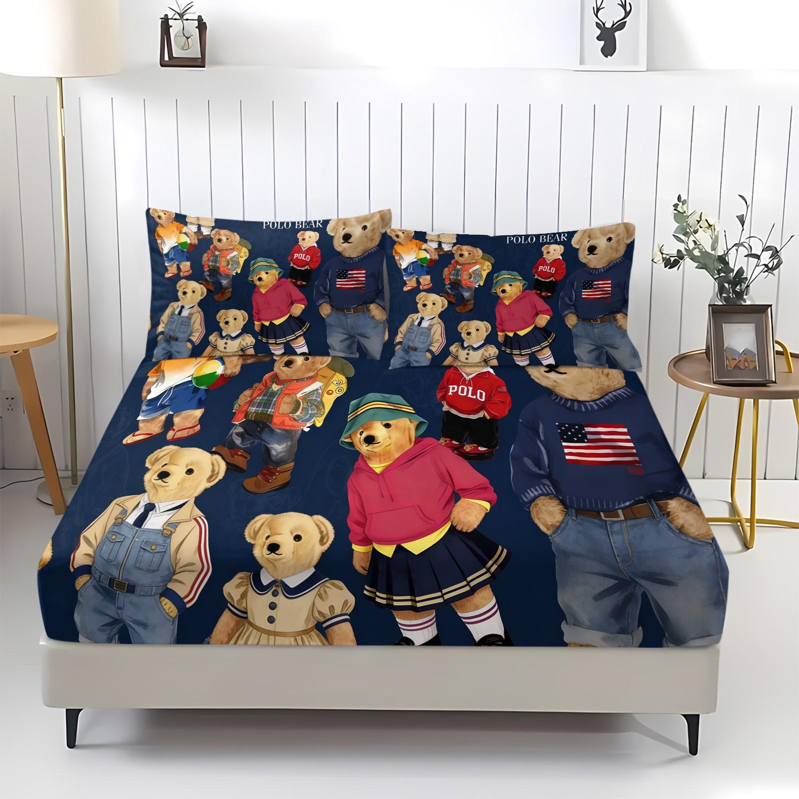 Teddy Bear Pattern Bed Sheet, Comfortable Printed Pattern, Includes 1 Bed Sheet and 2 Pillowcases, Comfortable Bedding, Non slip Dust Cover Suitable for Bedroom and Guest Room, Suitable as a Gift for Children or Adults