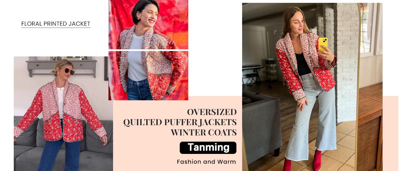 Tanming Women's Ditsy Floral Print Quilted Puffer Coat Lightweight Drop Shoulder Jacket FallFreshness Open Front Cardigan for Fall Winter Casual Outerwear with Pockets Reversible Long Sleeve Fashion Womenswear Cropped Tops