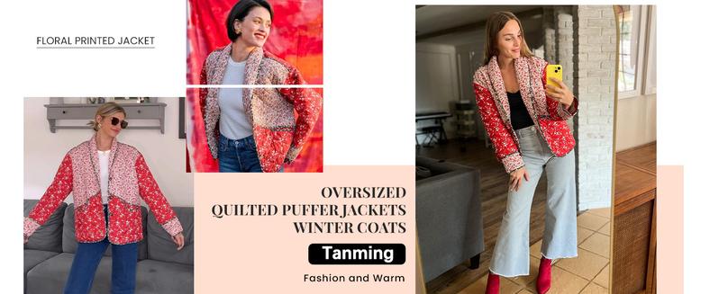 Tanming Women's Ditsy Floral Print Quilted Puffer Coat Lightweight Drop Shoulder Jacket FallFreshness Open Front Cardigan for Fall Winter Casual Outerwear with Pockets Reversible Long Sleeve Fashion Womenswear Cropped Tops