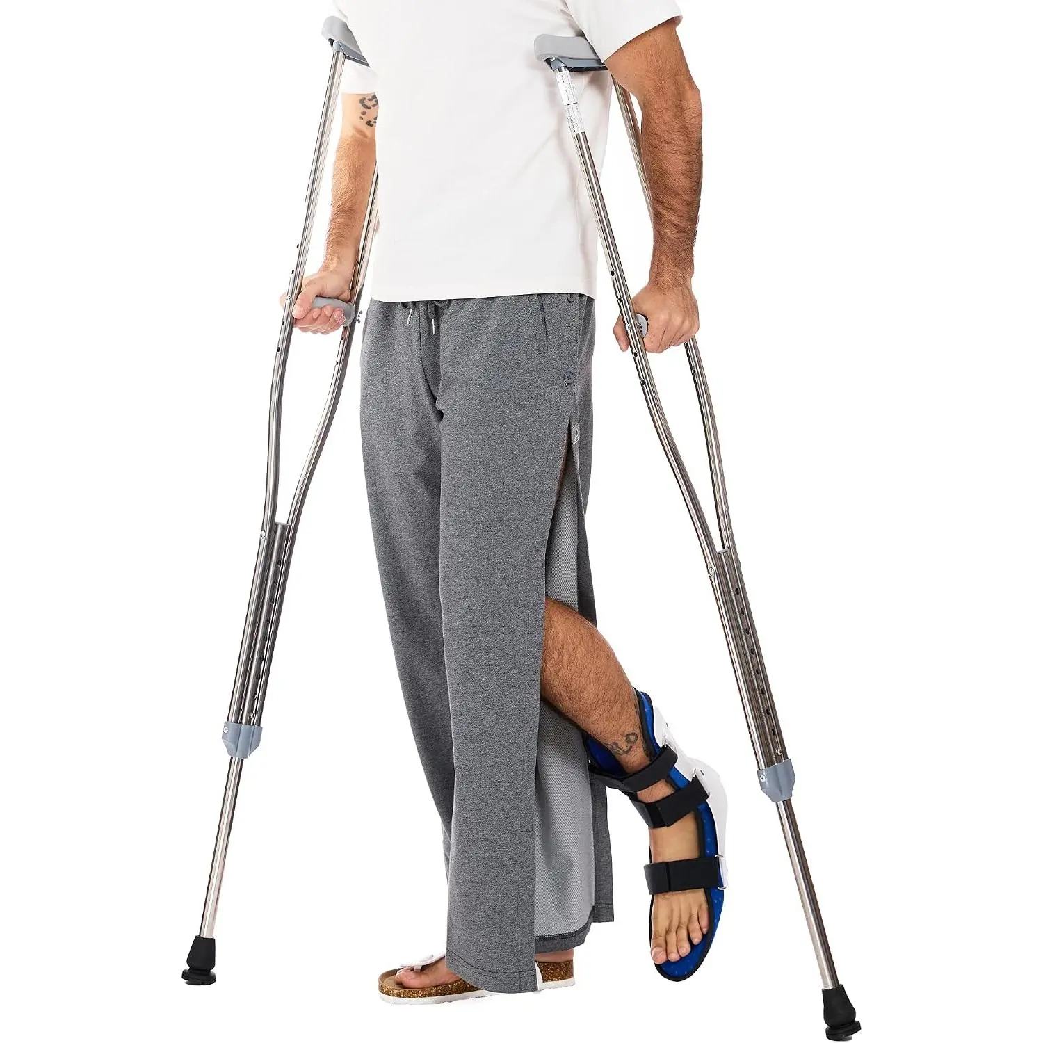 Men's Magnetic Tear Away Side Snap Open Pants Catheter Adaptive Post Surgery Knee Ankle Rehab Pants for Recovery Wear