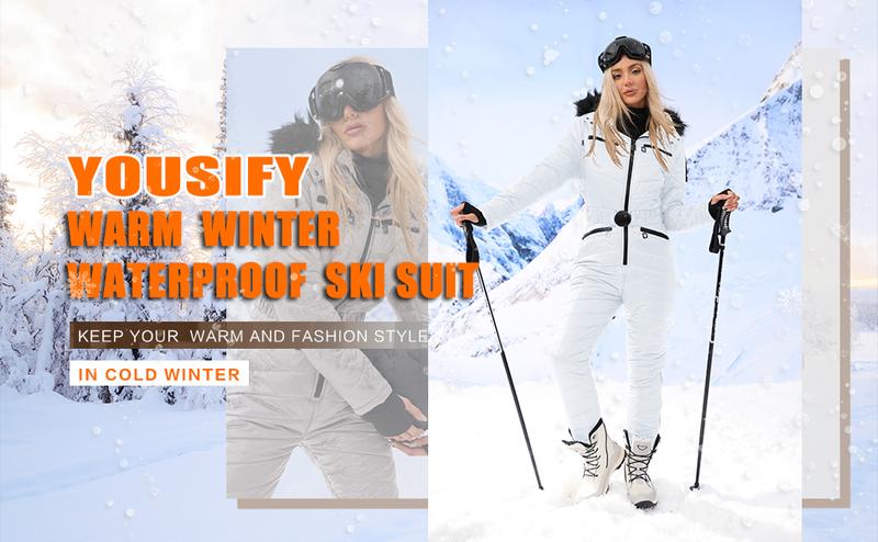 FMEYOA Womens Onesie Ski Suit Winter Outdoor Sports Waterproof Snowsuit Jumpsuits Jacket