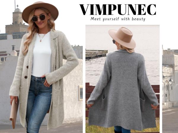 VIMPUNEC Fall Long Cardigan Sweaters for Women Trendy Open Front Coats Knit Winter Jackets Coatigan