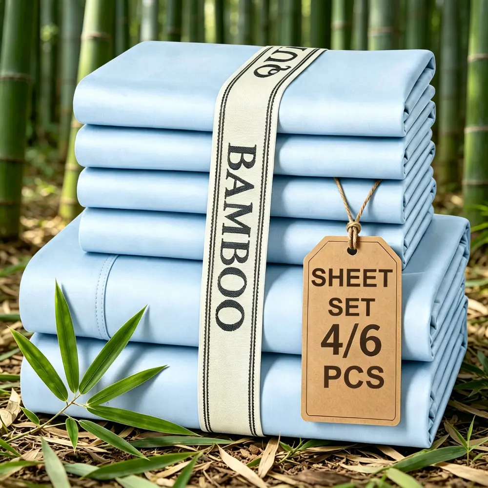 GOHOME 4/6 PCS Bamboo Cooling Sheet Set, Breathable Bedding, 14" Deep Pocket Fit Mattress, Gentle On Skin, Ideal For Warm Sleepers, Wrinkle Free Long Lasting, Complete Set With Flat Sheet, Fitted Sheet & Pillowcases, All Season