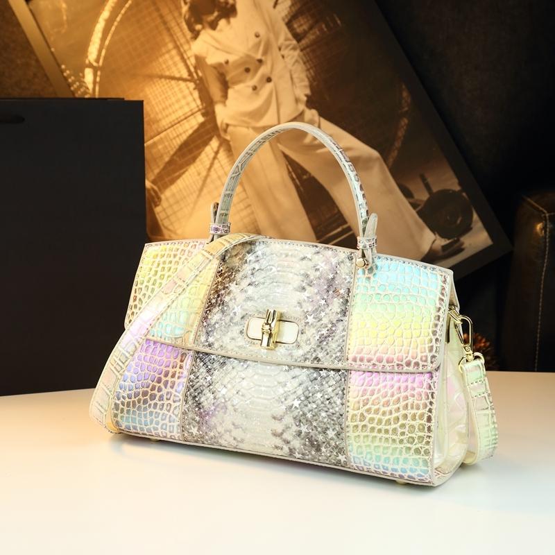 Vibrant Snake Print Crocodile Pattern Handbag, Luxurious Single Shoulder Bag, High-End Commuter Crossbody Bag, Versatile Locking Female Bag