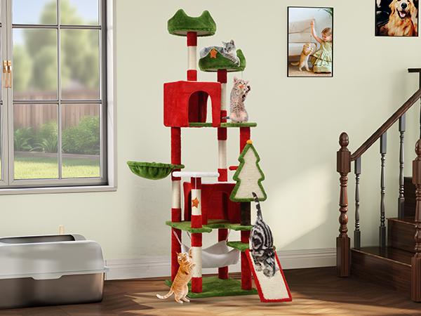 DWVO Tall Cat Tree Tower for Indoor Cats, Multi-Level Cat Climbing Tower with Cat Condos, Top Perches, Hammock, Scratching Post, Christmas Decor