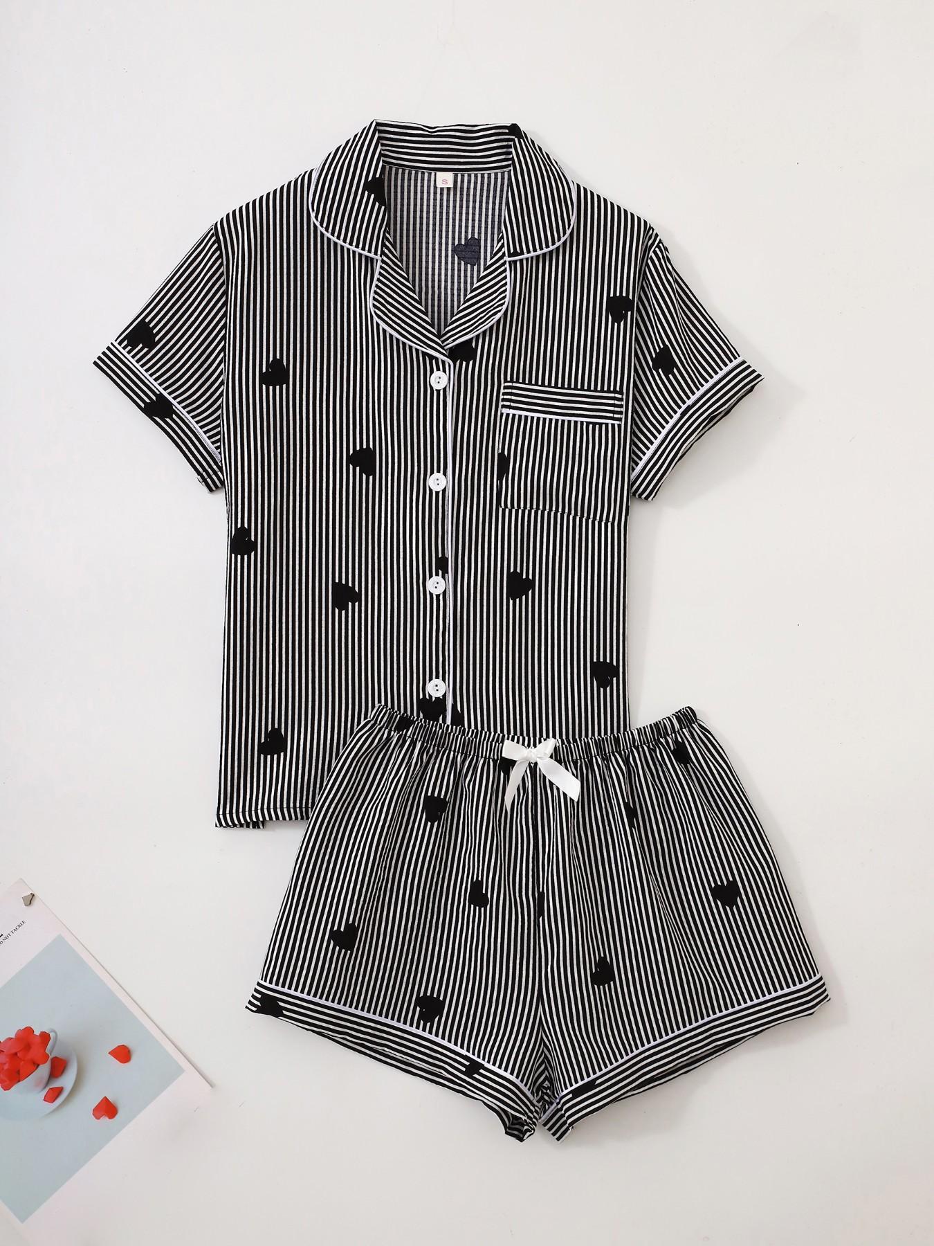 Women's Short Sleeve Button Down Top and Shorts Pajama Set, Spring Summer Wear, For Minimalist Black & White Lovers, Black White Stripe With Black Heart Accent, Classic Lapel Collar, Slim Fit, Comfortable For Home & Short Commutes