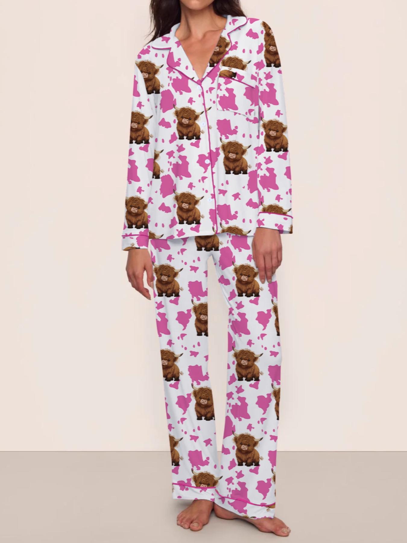 【Highland cattle】Women's Cartoon Cow Print Pajama Set, Long Sleeve & Pants, Elastic Waistband, Comfortable Home Wear, Fall Winter