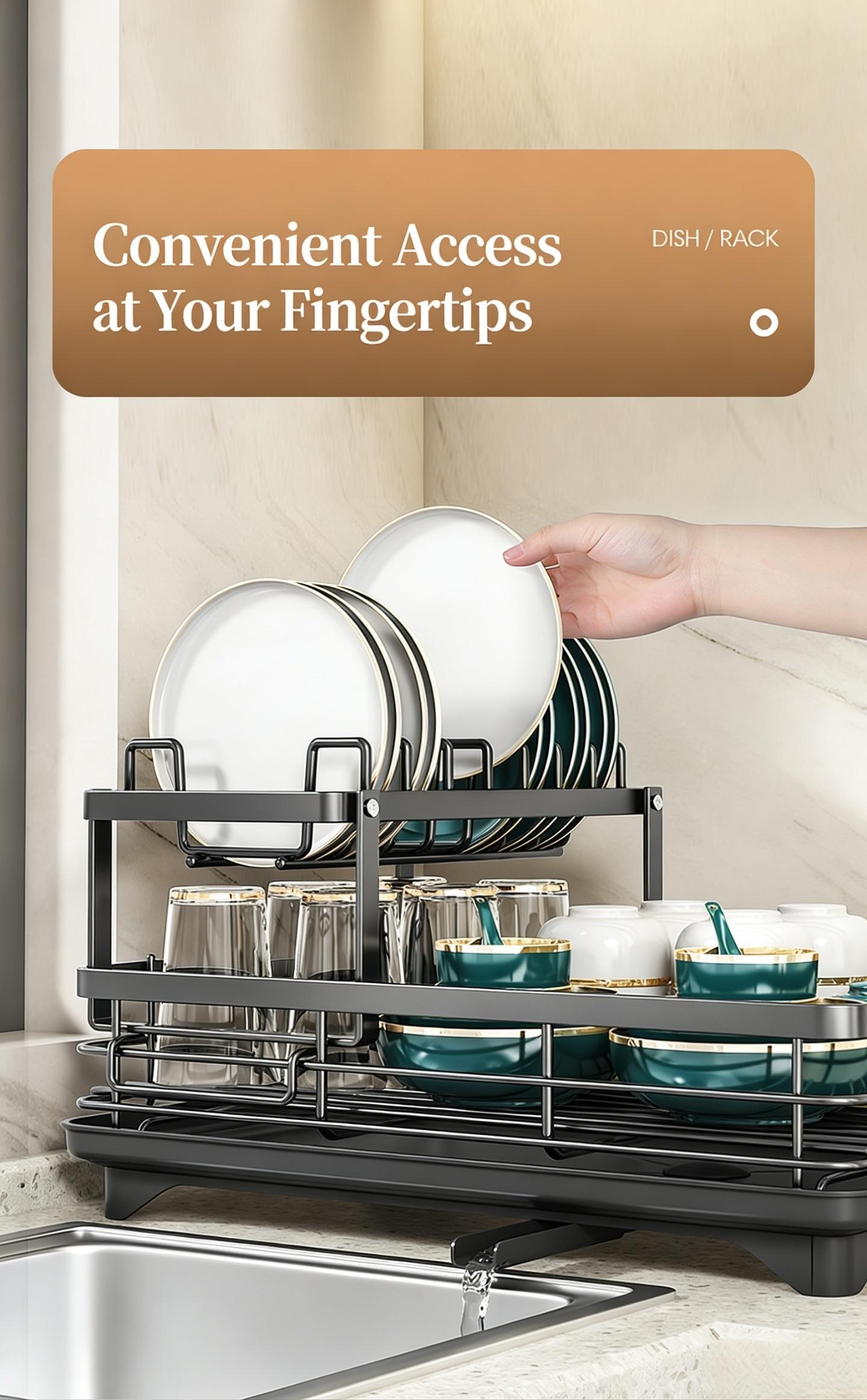 Two-Tier Large Metal Dish Rack for Kitchen Countertops, Space-Saving & Durable Design, Includes Slots for Knives Forks Cup Holders