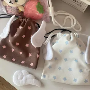 INS Fashion Korean Square Canvas Drawstring Storage Bag Cute Star Pattern Wing Coin Wallet Girls Woman Lipstick Makeup Bag Gifts