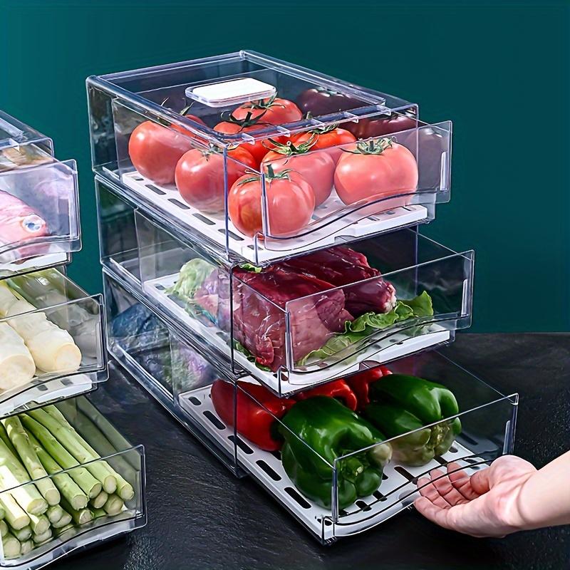 Transparent Rectangular Plastic Storage Box, Stackable Drainage Food Container, Kitchen Refrigerator Organizer, Drawer Style, Fridge Organizer