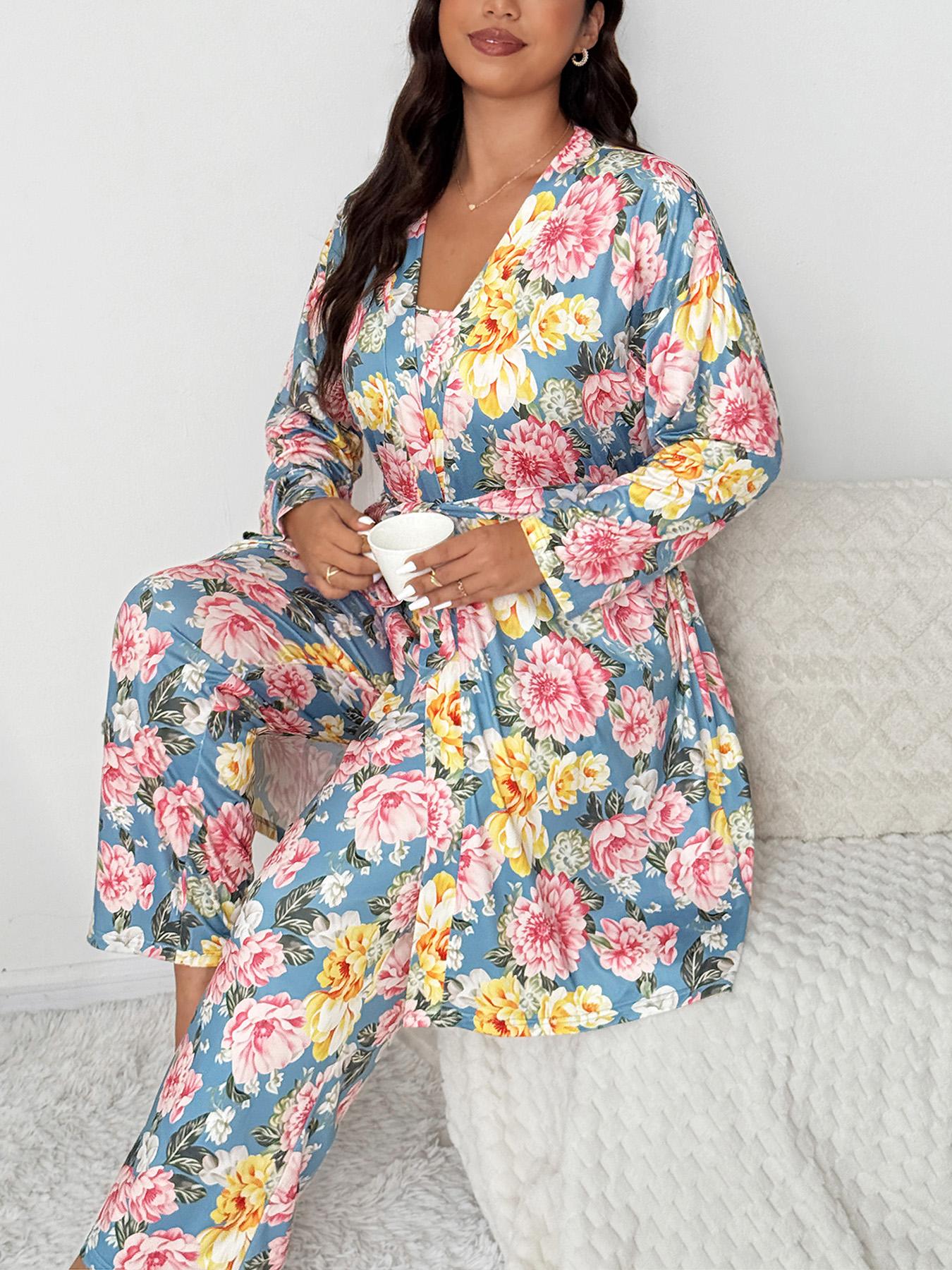 【Plus Size】 Three-Piece Set Floral Print Belted Lounge Robe & Cami Top & Elastic Waist Pants Pyjama Set, Drop Shoulder Long Sleeve Robe & Sleeveless Top & Bow Decor Trousers PJ Set, Women's Sleepwear for Fall, Nightwear Lounge Set, Matching Pj Set