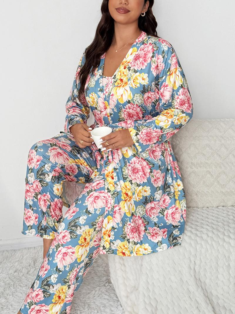 【Plus Size】 Three-Piece Set Floral Print Belted Lounge Robe & Cami Top & Elastic Waist Pants Pyjama Set, Drop Shoulder Long Sleeve Robe & Sleeveless Top & Bow Decor Trousers PJ Set, Women's Sleepwear for Fall, Nightwear Lounge Set, Matching Pj Set