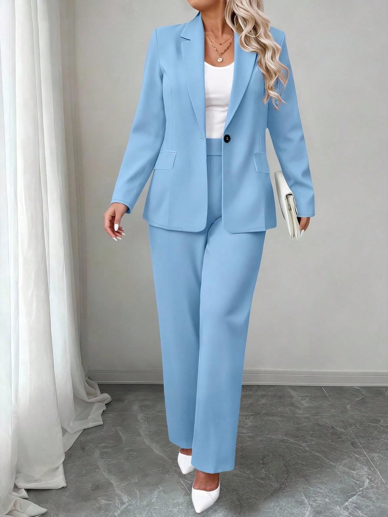 Plus Size Women's Suit Set Fit, Lapel Button Blazer + High Waist Wide Leg Pants, Stretchy Comfortable Fabric, Office Casual Style