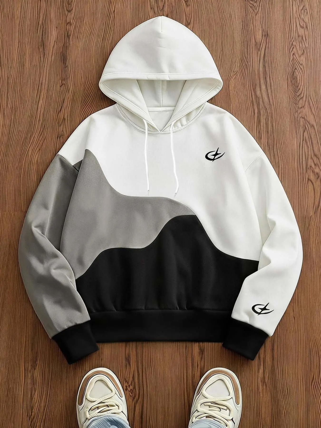 Men's Wave Color Block Hoodie, Patchwork, Small Logo Print, Casual Street Style, Soft Sweatshirt for Spring Fall