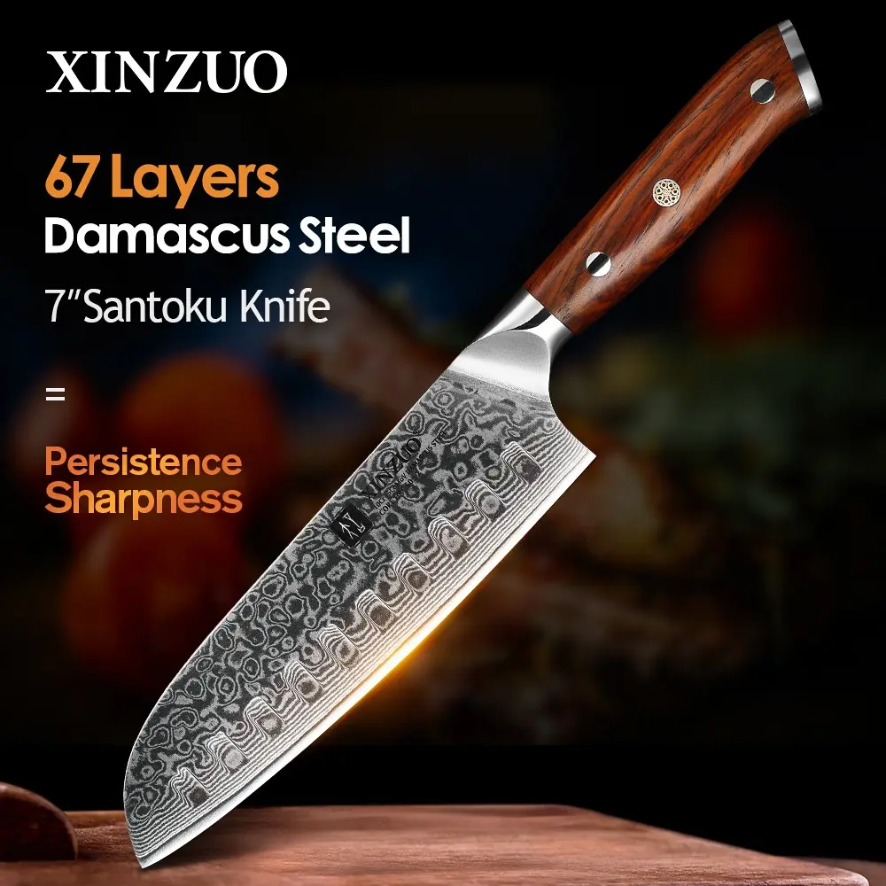 XINZUO Yu Series 7-Inch Damascus Steel Santoku Knife: 67 Layers of Damascus Super Steel Blade, 60±2 HRC Core Hardness, 15-Degree One-Side Edge, High-Quality Premium Rosewood Handle, Sharp and Durable with Super Anti-Rust Property, and a Beautiful Gift Box