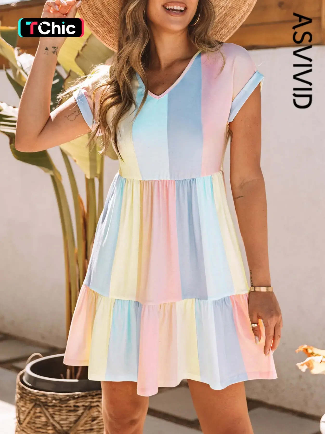 Women's Colorblock Patchwork Ruffle Hem Tee Dress, Boho Flowy Attire, Casual Boho Style, Loose Casual V Neck Short Roll Up Sleeve , for Summer Ladies Everyday Wear