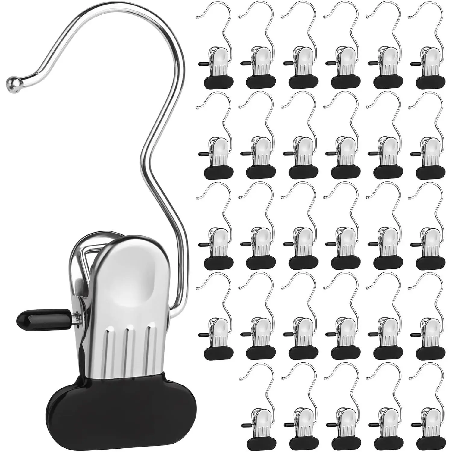 30Pcs Laundry Hook Hangers with Clothes Pins for Hats Clothes Bags | Stainless Steel 360° Swivel Clips, Rust-Resistant & Durable, Versatile For Laundry, Closet, Bathroom & Travel Use