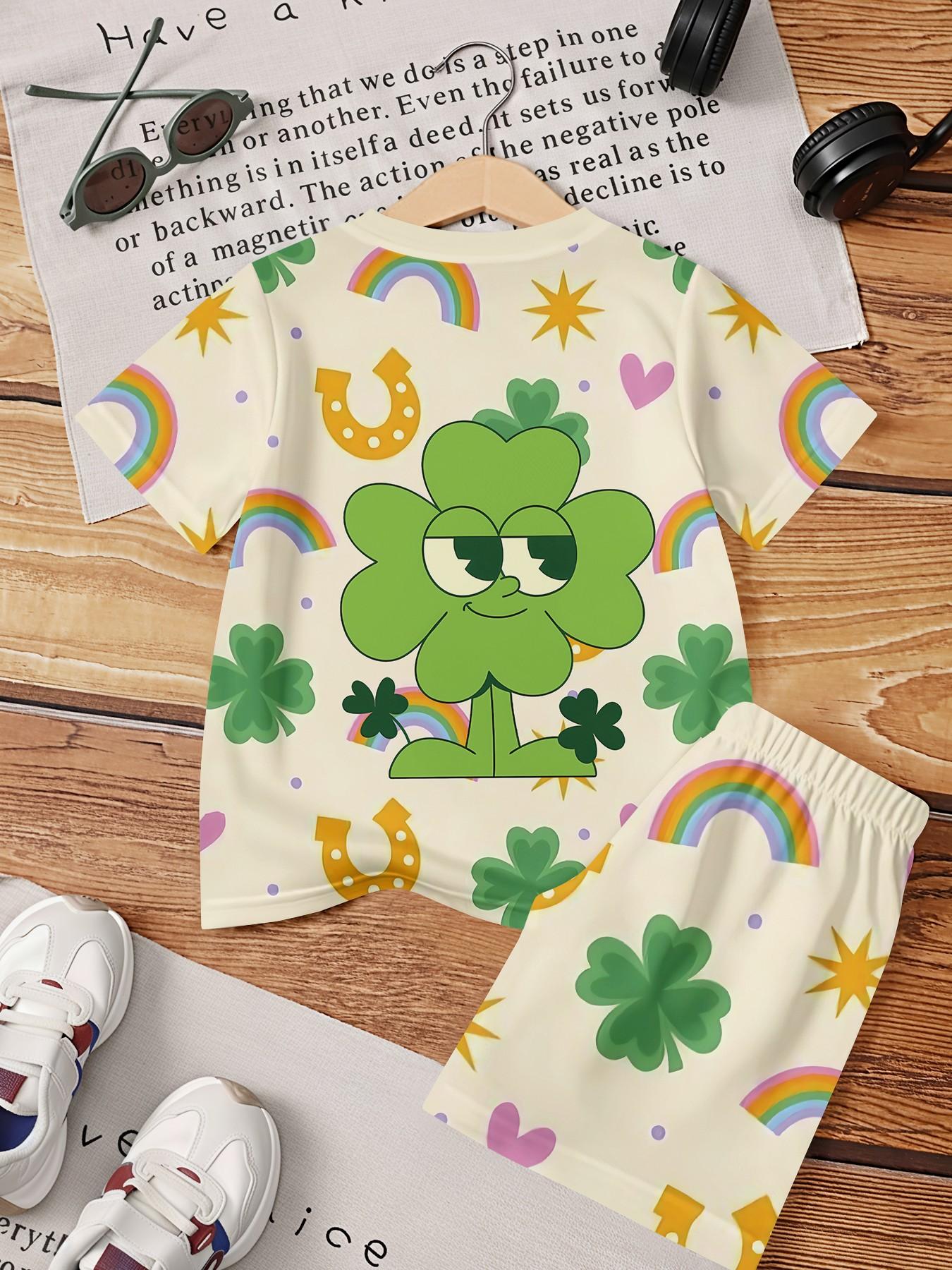 Lucky Four-Leaf Clover Kids' Two-Piece Short Sleeve and Shorts Set, 100% Polyester Casual Loose-Fit Outfit, Summer Fun Printed Pattern, Outdoor Sports T-Shirt Set, Perfect Gift for Boys