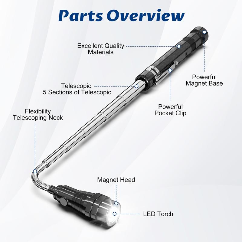 【HolidayHaul】Extendable and Flexible Magnetic Flashlight, Pickup Tool with 3 LED Light, 360° Degree Flexible Neck, Extendable Neck up to 22 Inches, Gift for Engineers, Mechanics, Father