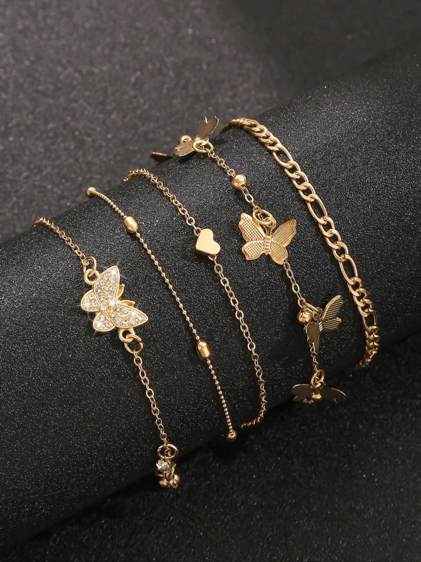 Set of 4 Boho Anklets for Women, Wearable Jewelry, Jewelry, Jewelry Accessories, Multi-Layer Beaded Anklet Set with Butterfly & Heart Designs, Embellished with Synthetic Diamonds, For Summer Holidays, Beach Parties & Bikini Outfits, Foot Jewelry