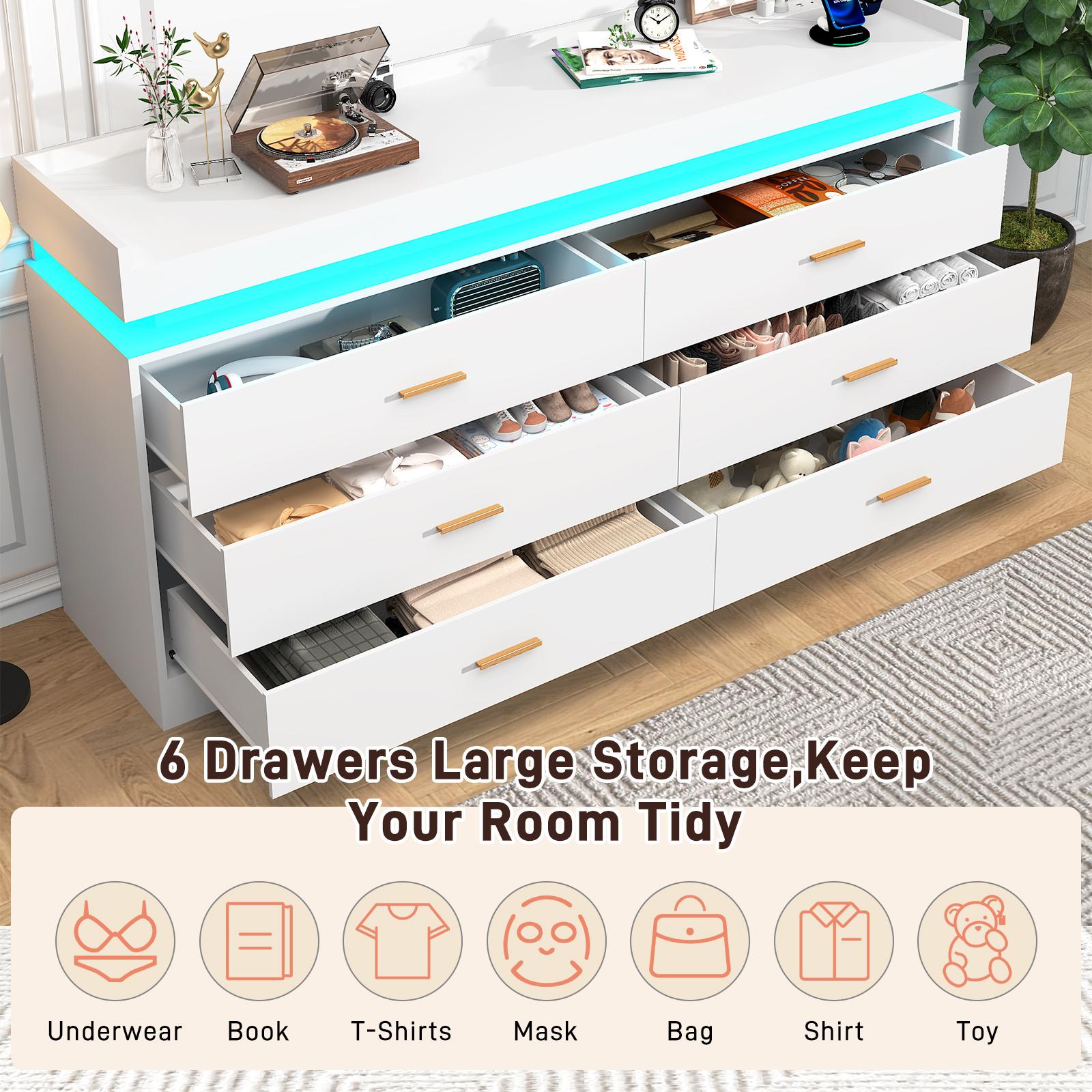 Dresser with LED Light and Charging Station, Modern Chest of Drawers for Closet, Wide Drawer Organizer Cabinet for Bedroom, Living Room, Entryway, Hallway