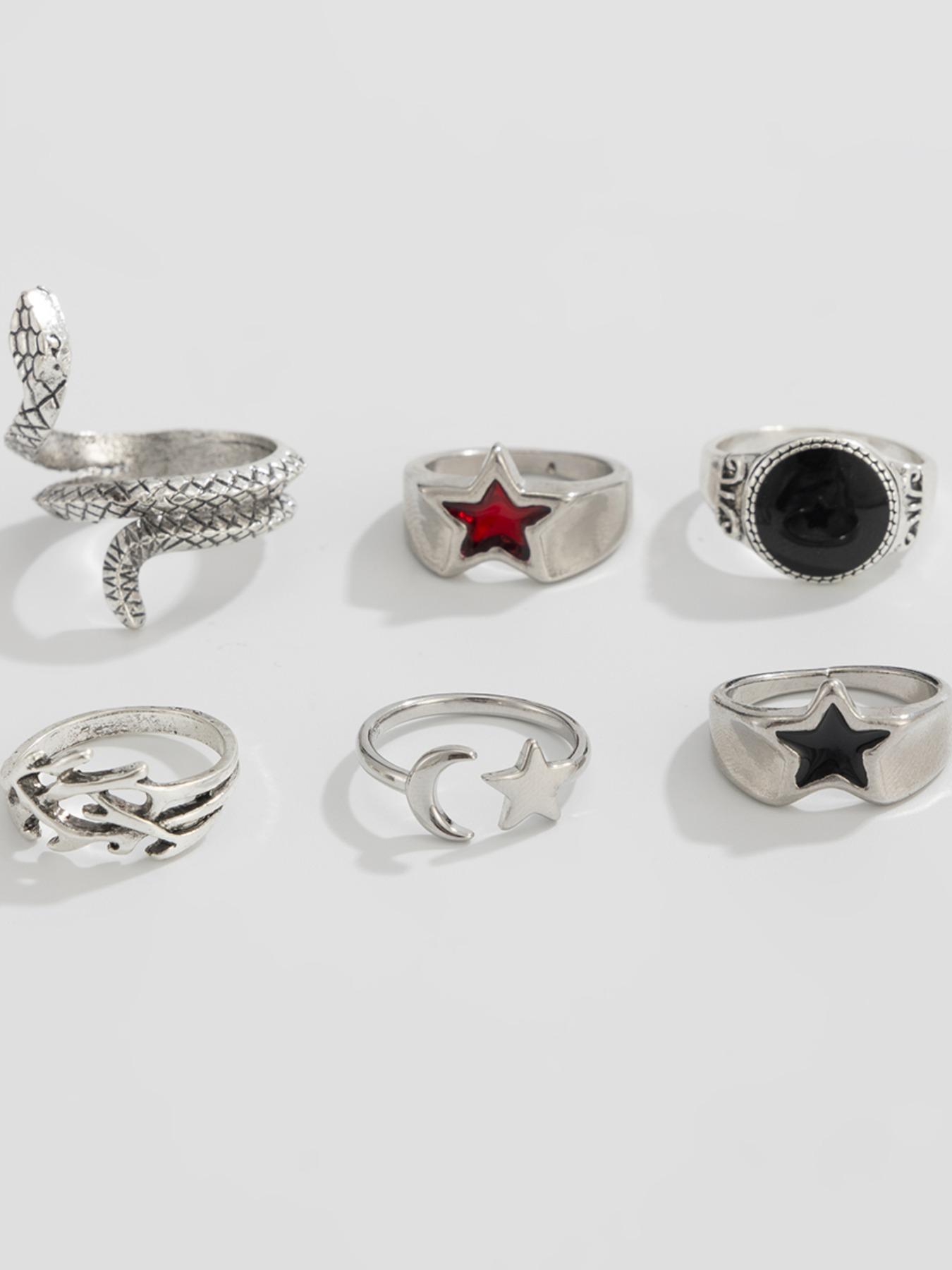 Men's Punk Style Silver Color Snake Ring Set, Statement Multi Ring, 6 Piece Vintage Jewelry Gift Box, All Season Party Daily Wear Accessories