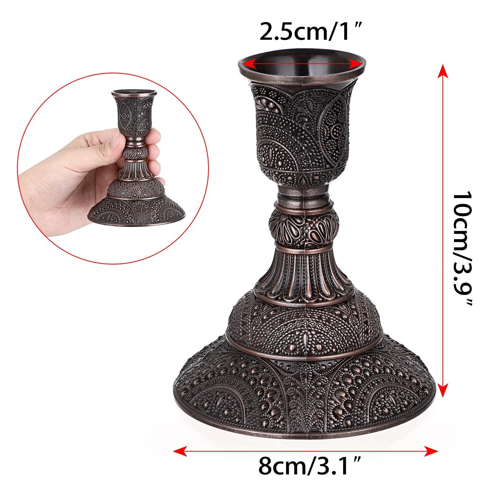 Set of 2 Vintage European Candle Holders - 3.9" Tall Metal Candlesticks with Exquisite Relief Patterns, Red/ Green Bronze/ Gold/ Silver/ Rose Gold Candelabra Table Centerpieces for Wedding Dining Home Decor