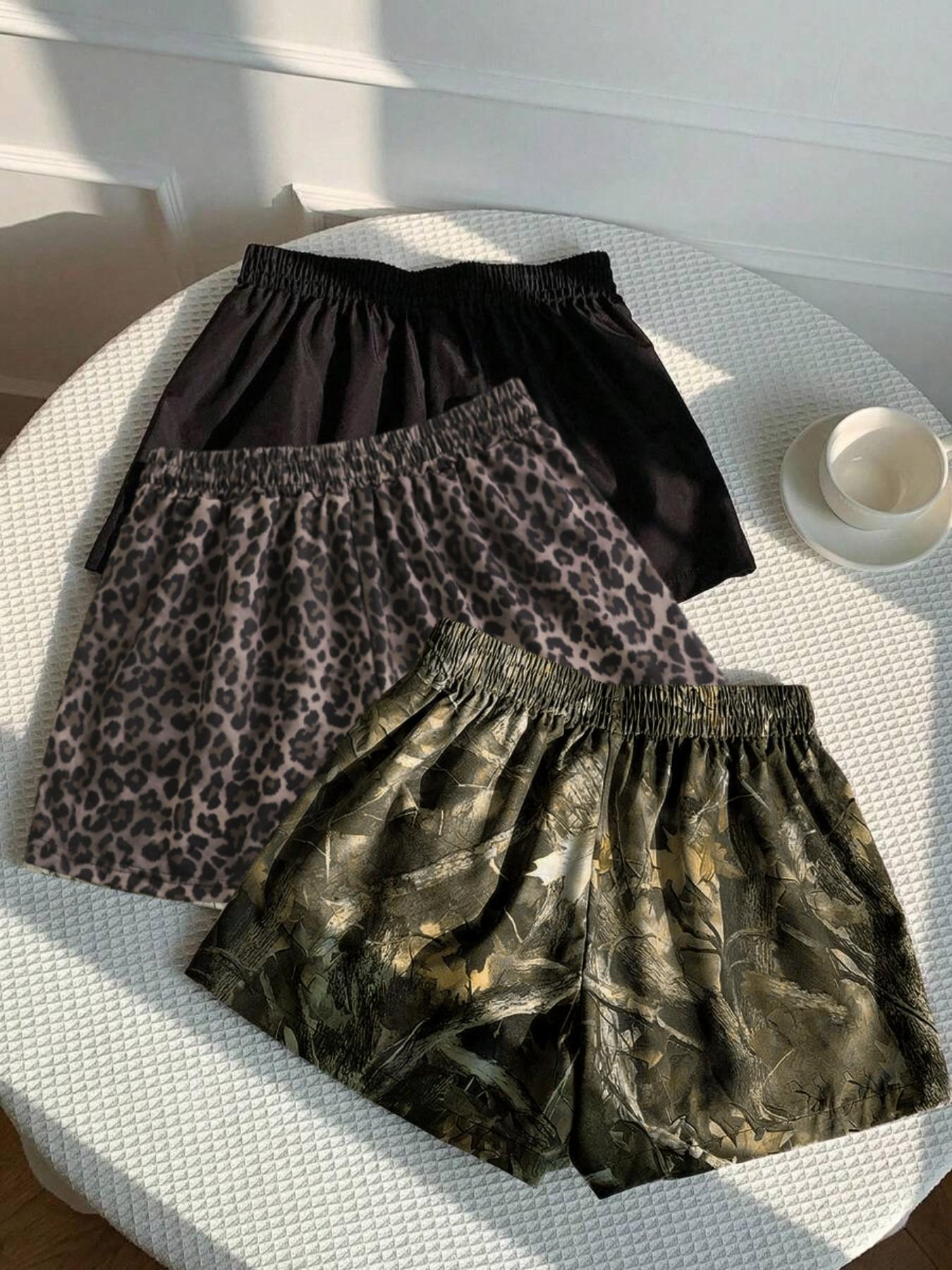 3-Pack Women's Summer Solid + Camo Tree Pattern + Leopard Print Logo Side Pocket Loose Sporty Shorts, Elastic Waist Design, Essential Shorts for Casual Outdoor Wear, Sports Fitness, and Street Style Outfits