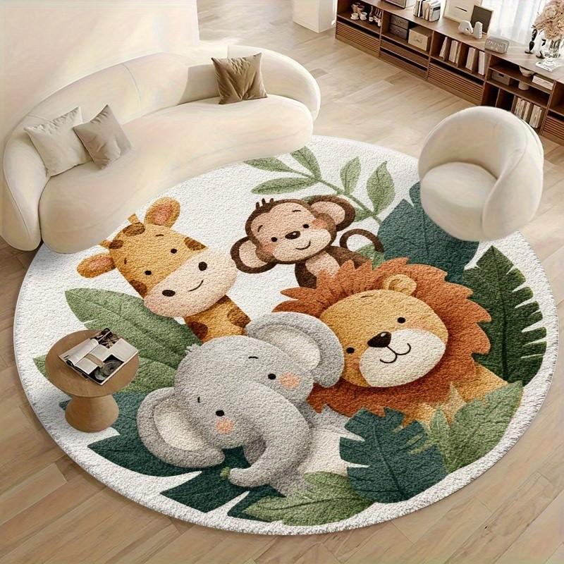 1pc Tropical Jungle Animal Round Rug, 850g/m² Velvet Material, Living Room/bathroom/nursery/yoga Mat, Simple Design, Indoor/outdoor Use, Style
