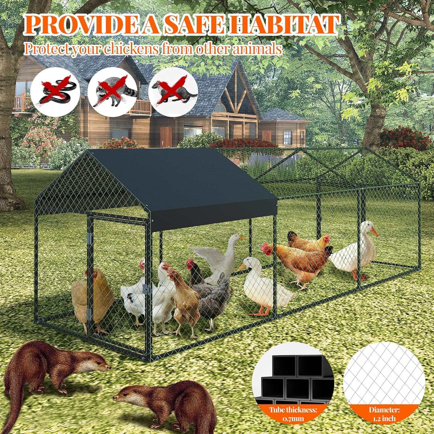 Large Metal Chicken Coop, Chicken Runs for Yard with Waterproof & Anti-UV Cover, Heavy Duty Hen House Poultry Cage for Outdoor Backyard Farm Use, 120x40x40 inch, Black