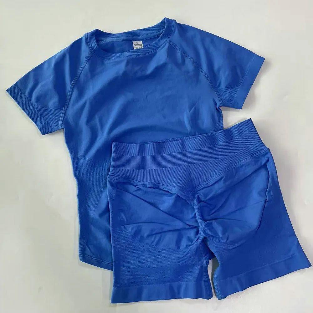 Dfyne Cross-Waist Hip-Lifting Shorts + Short-Sleeve Sports Set |   Seamless Knit Breathable Quick-Drying |   Fitness & Yoga Two-Piece Set