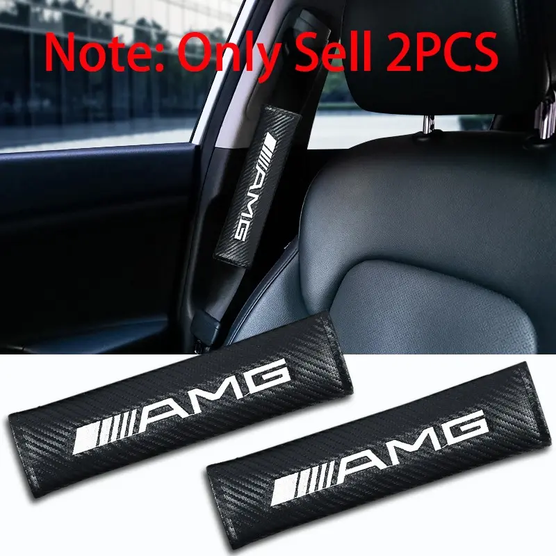 2Pcs Mercedes Benz AMG Logo Emblem PU Leather Carbon fiber Car Seat Belt Covers Shoulder Pads Auto Interior Accessories, Car Accessory For Mercedes Benz AMG A B C E G S Class W203 W204 W205 W206 W211 W212 GLC CLA GLA Car Styling