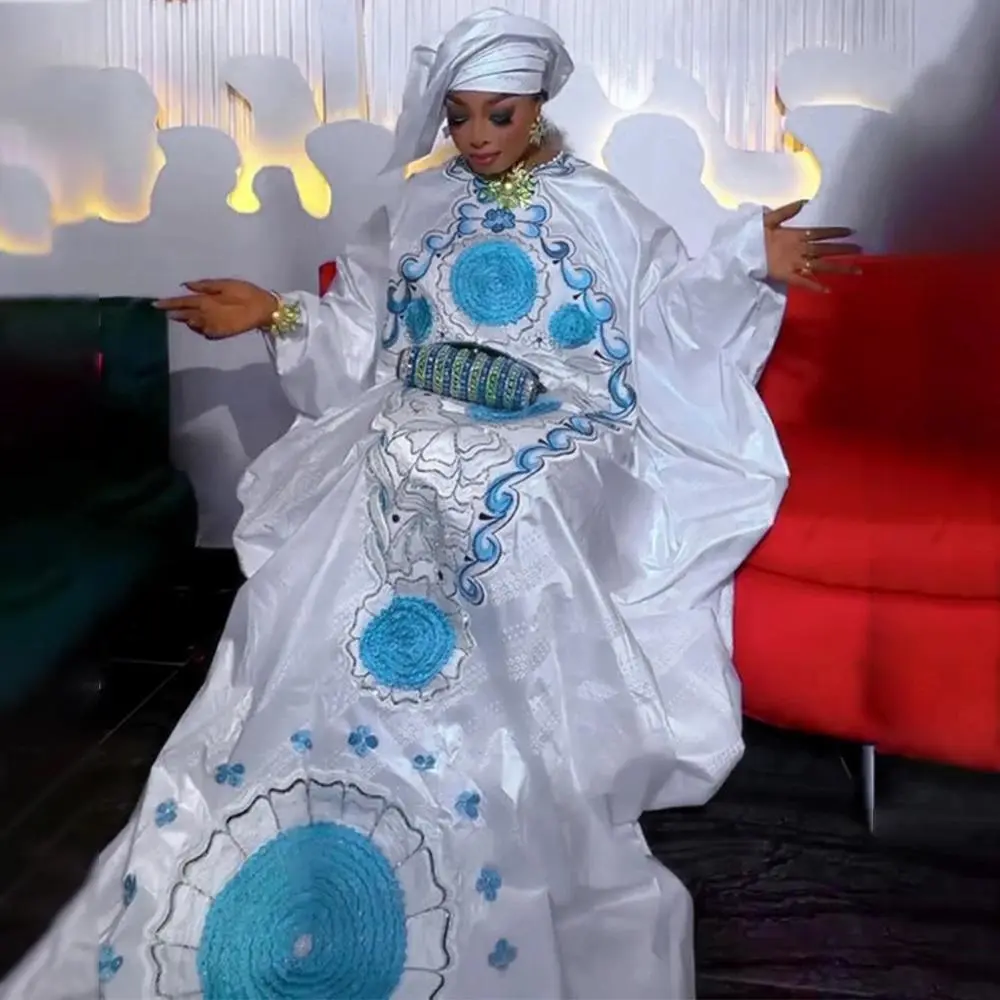 Plus Size African Clothes for Women 2026 New Dashiki Ankara Embroidery Bazin Riche Design Wedding Party Dresses with Headscarf