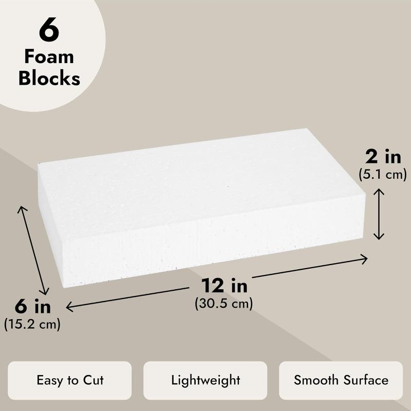 Smooth Foam Craft Blocks for DIY Craft & Floral Arrangement - Foam Carving Blocks - 12 x 6 x 2 In, White, 6 Pack