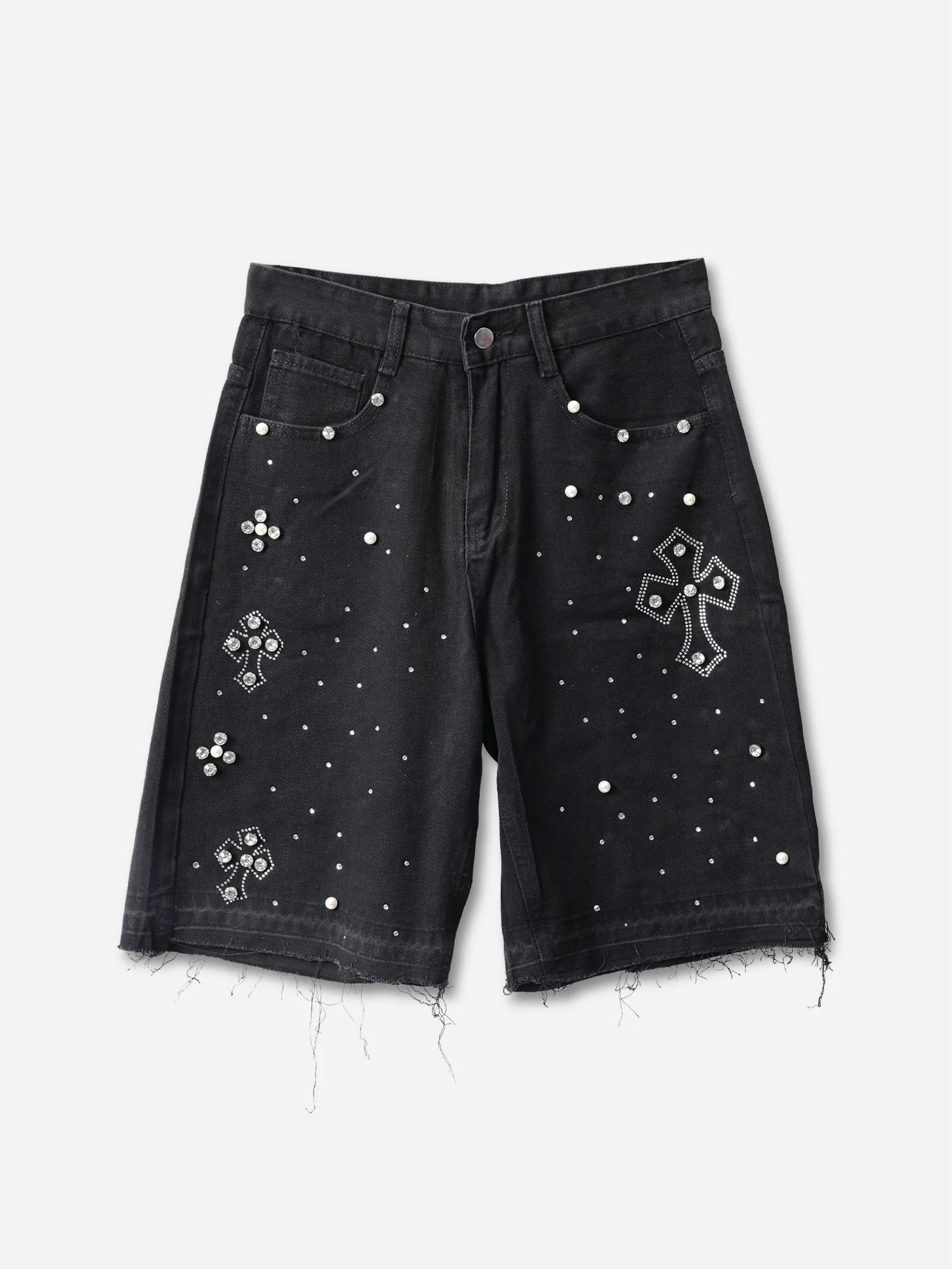 Sopula Studio Men's Hiphop Cross Hot Diamond Jorts Denim Shorts Streetwear Pocket SpringStatements