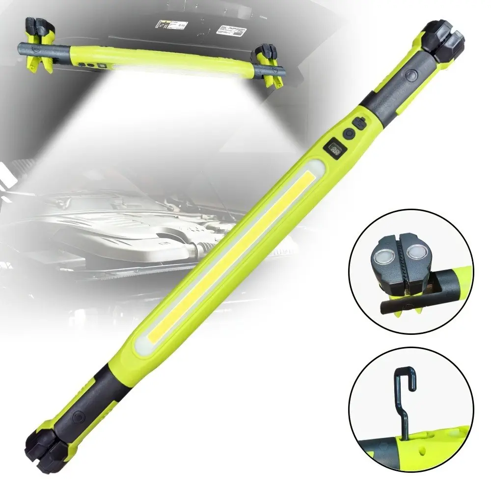 Rechargeable COB LED Work Light with Dual-Sided Magnetic Ends, 360° Rotating Body, 180° Adjustable Heads, Hidden Hooks, 4 Lighting Modes, USB-C Charging, Battery Display for Automotive Car Repair Garage Inspection Emergency