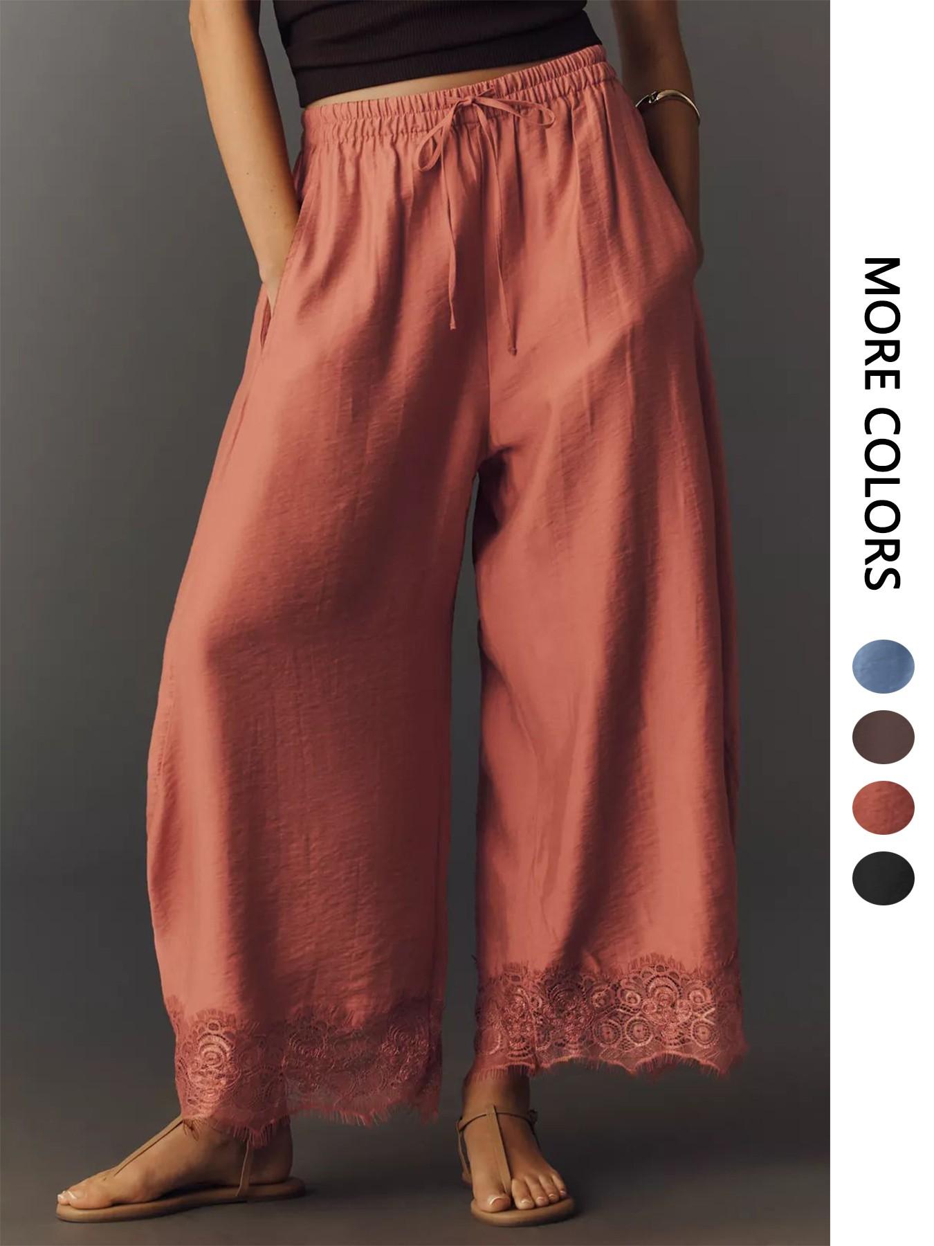 Women's Casual Pocket Elastic Waist Long Pants, Lace Patchwork Bottoms, Asymmetrical Hem, Summer Loose Wide-Leg Pants, Womenswear