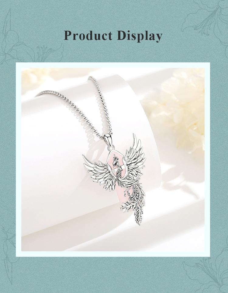Natural Crystal Phoenix Necklace, Silver Bird of Rebirth Pendant, Healing Amethyst Pink Quartz, Handmade Spiritual Jewelry for New Beginnings