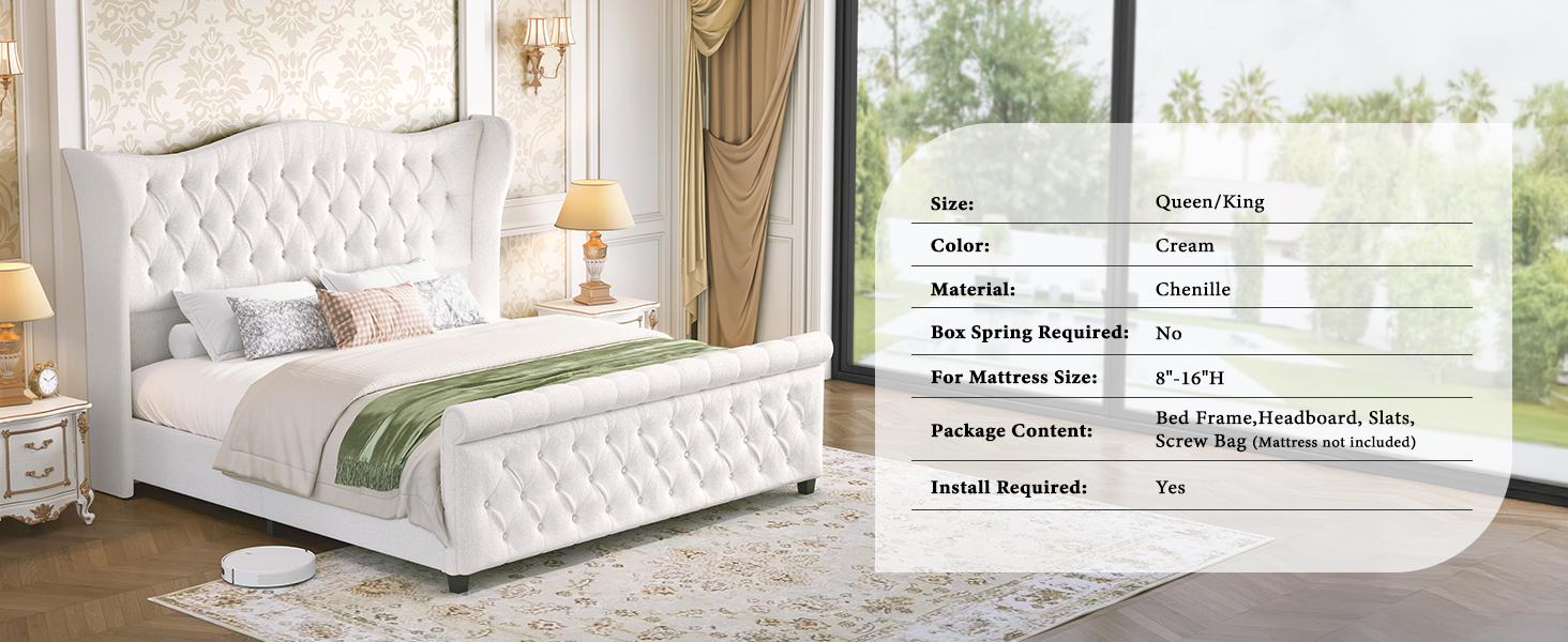 Queen King Size Chenille Upholstered Bed Frame, Sleigh Platform Bed Frames with 51" Tall Wingback Headboard & 27" Scroll Footboard, Button Tufted/No Box Spring Required/Wood Slats Support/Cream