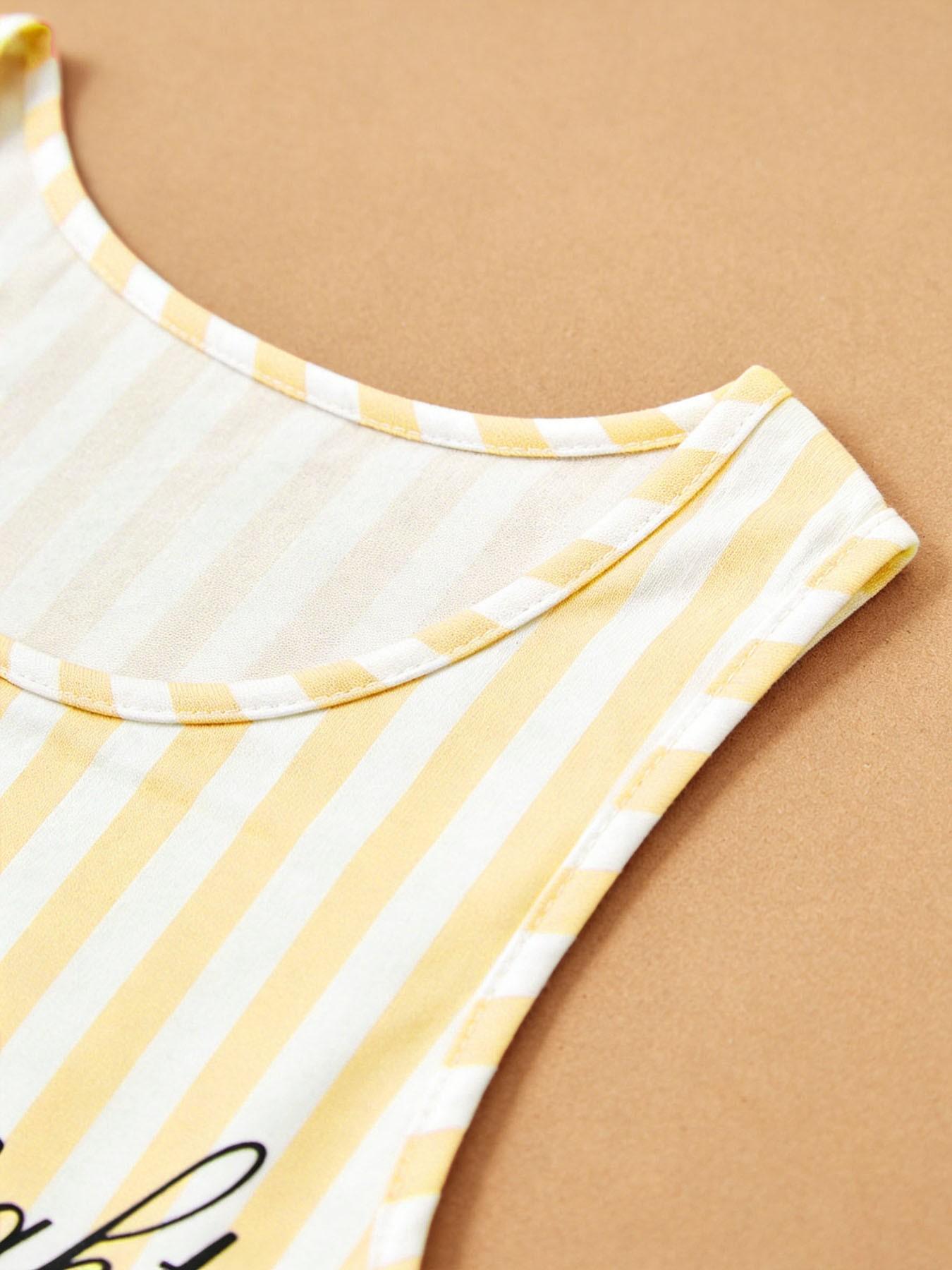 Women's Summer Sleepwear Set, Striped Sleeveless Round Neck Letter Print Bow Tie Shorts, Elegant Comfortable Wear-Outside Pajamas