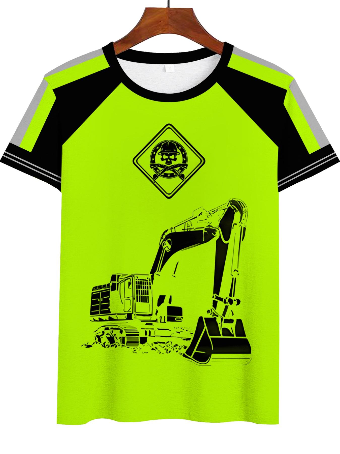 Men's Fluorescent Skull T-Shirt, Construction Worker Style, Half Sleeve, Loose-Fit, Casual Fashion, Long Clothing