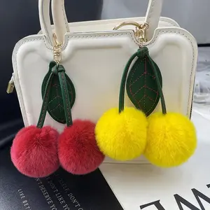 Keychain Key Fob Bag Pendant Fluffy Cherry Keyring Bag Hanging Leaf Artificial Rabbit Fur Ball Key Holder Plush Bag Accessoriescords for graduation,gift,graduation cap