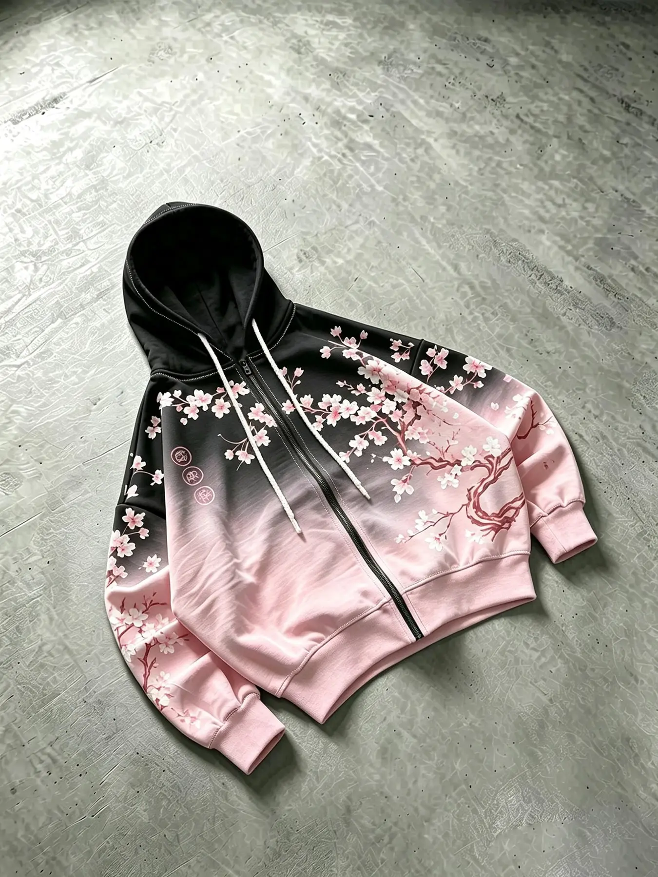 Women's Japanese Cherry Blossom Gradient Hooded Zipper Jacket, Casual Loose-Fit Fall&winter Outerwear, Retro Anime Style Clothing