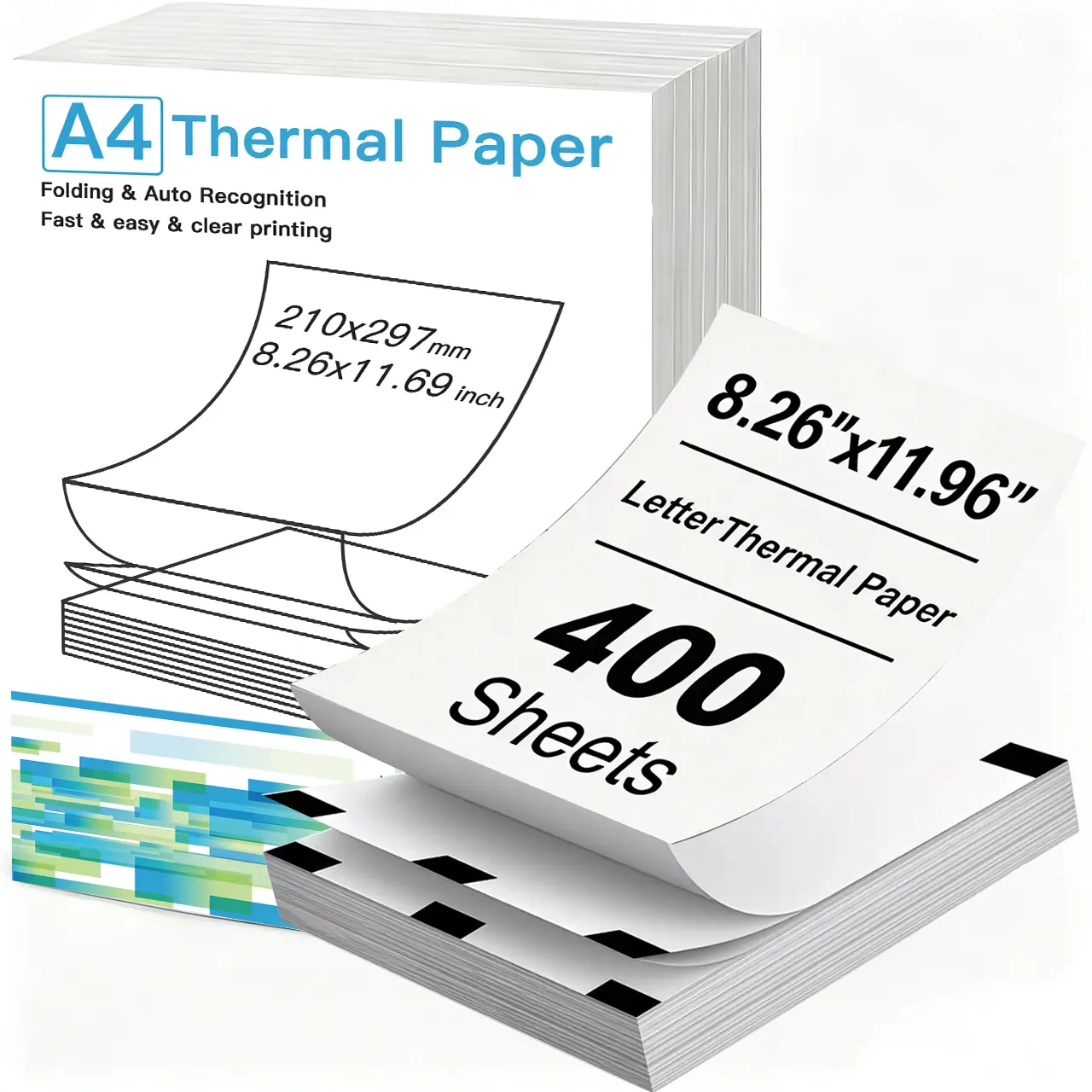 A4 Folding Thermal Printer Paper (400 Sheets, 210×297mm/8.26×11.69in) - Black Sensor Marks, Smooth Automatic Feeding, Auto Paper Recognition, Ink-Free, Continuous Fold for Portable A4 Printers, Office Documents, PDF Printing