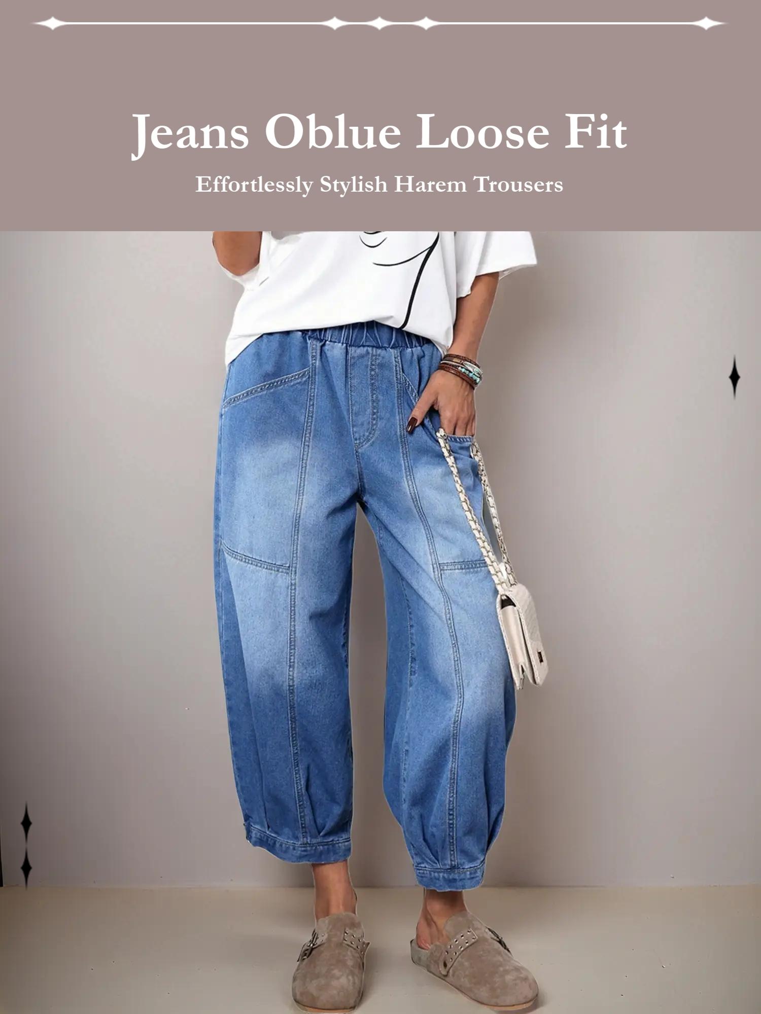 Women's Plaid Loose-Fit Denim Woven Jeans, Casual All-Seasons Comfortable Design, Perfect for Daily Wear & Outdoor Activities