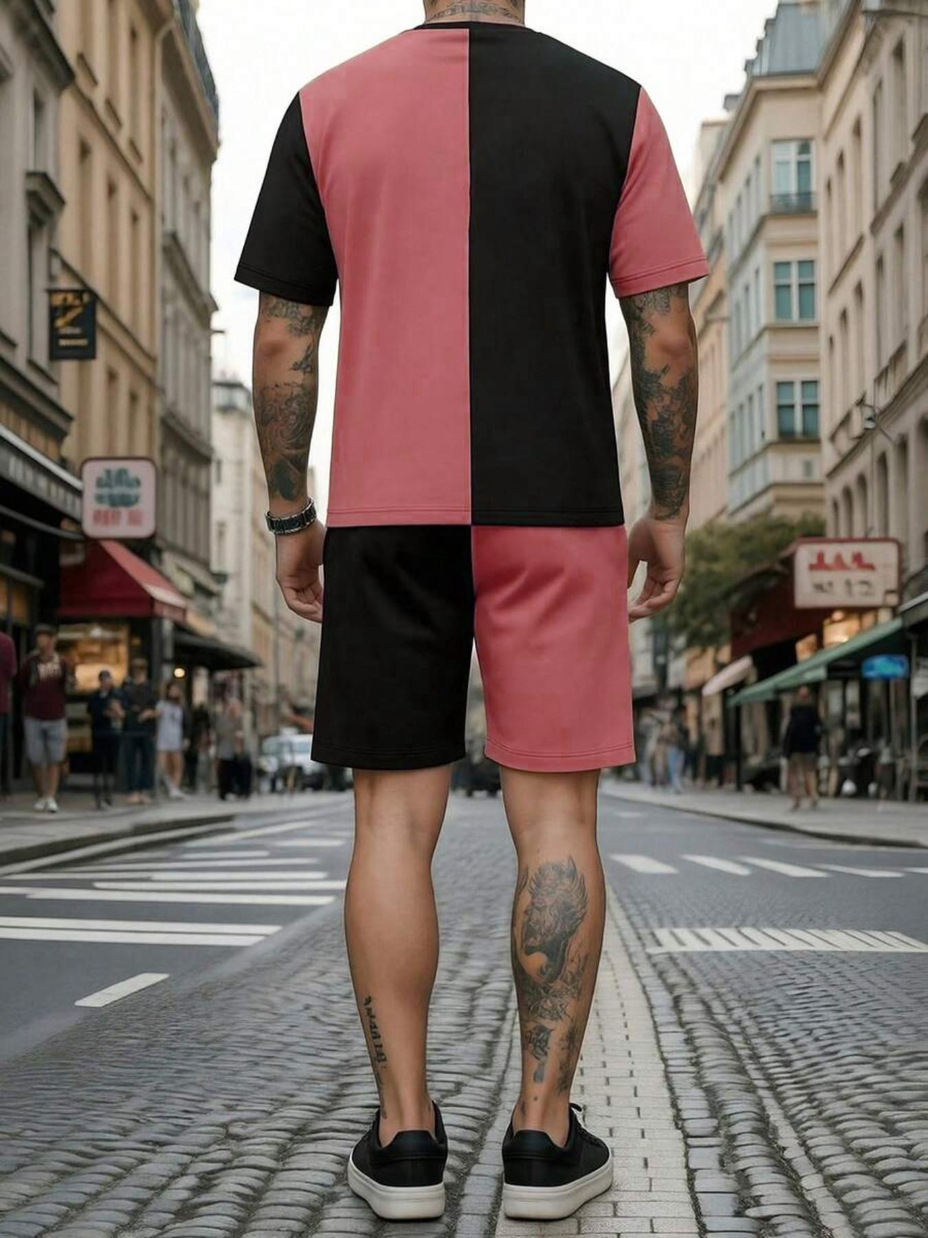 Men's Vintage Religious Style Two-Piece Set, Loose Fit Cross Print Short Sleeve T-Shirt + Gym Shorts, Fashionable for Men