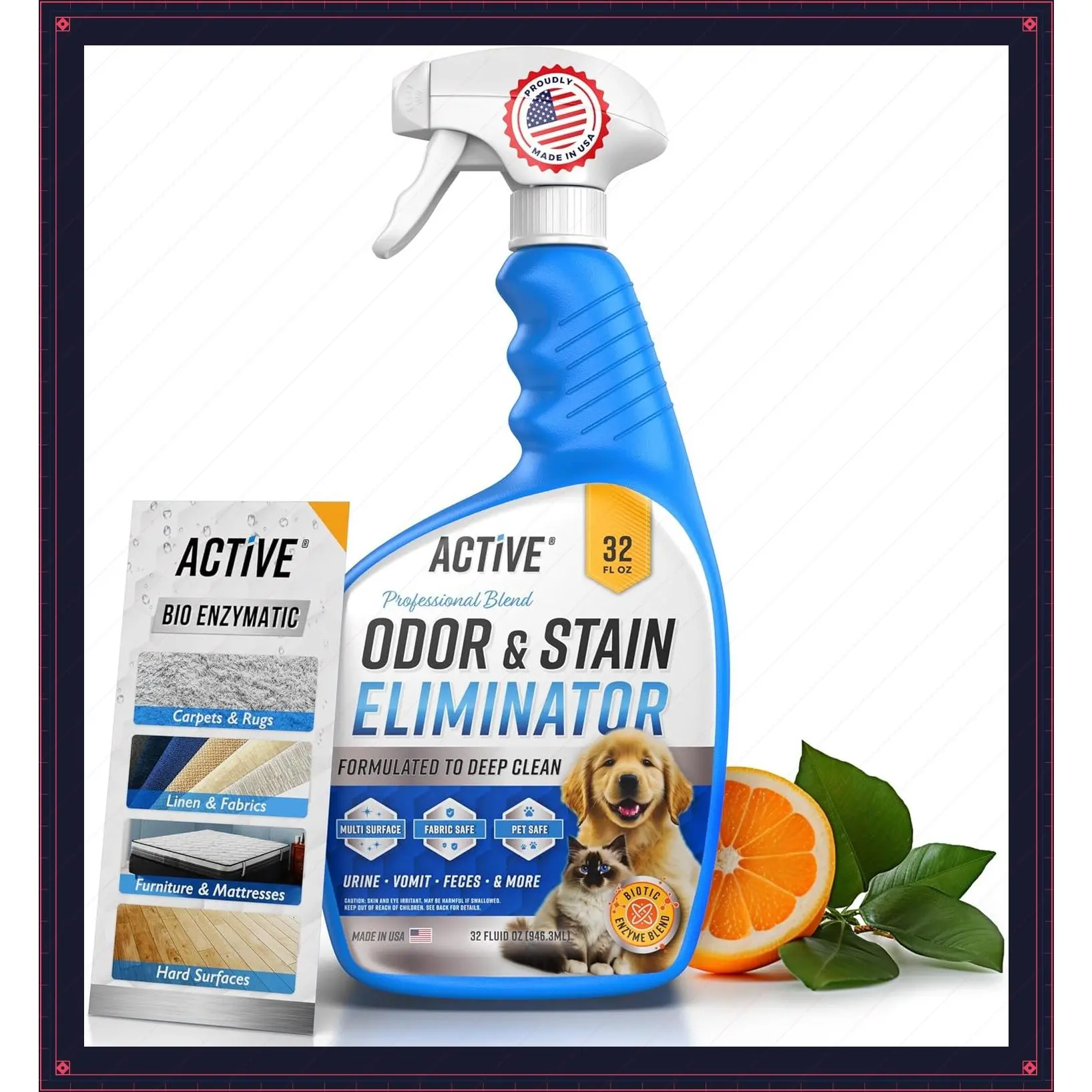 Pet Odor and Stain Eliminator - 32 oz ACTIVE Enzyme Cleaner for Dog & Cat Urine, Stain Remover Spray for Carpet, Upholstery, Hardwood, Spot Cleaning, Deodorizer for Dogs Cats Pets - Natural Citrus OilGift